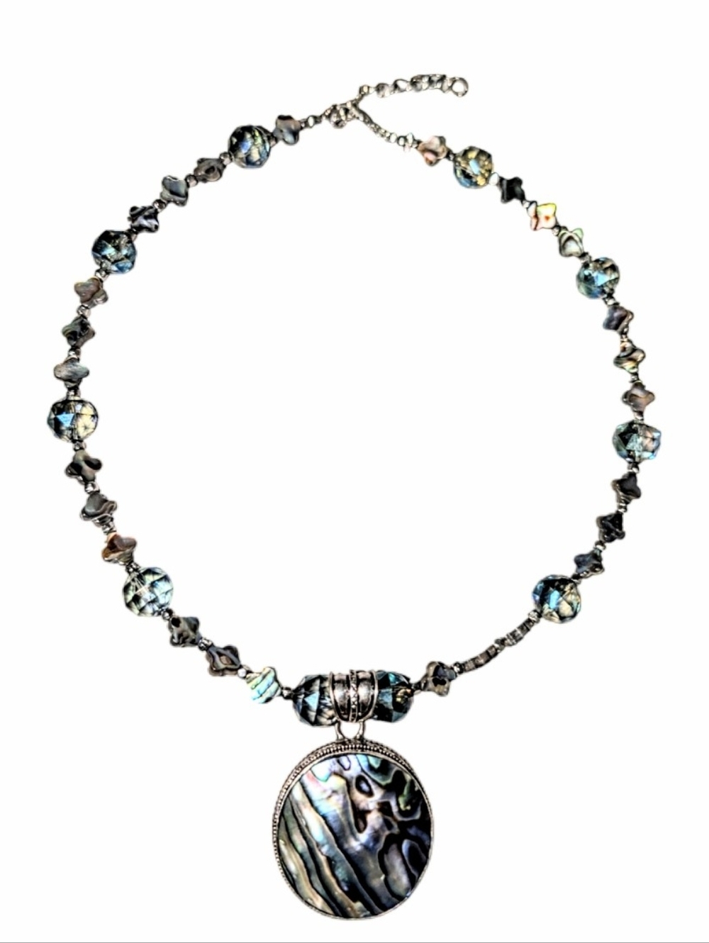 Handmade Abalone Pendant Necklace in Iridescent Blue-Green Glass Beads
